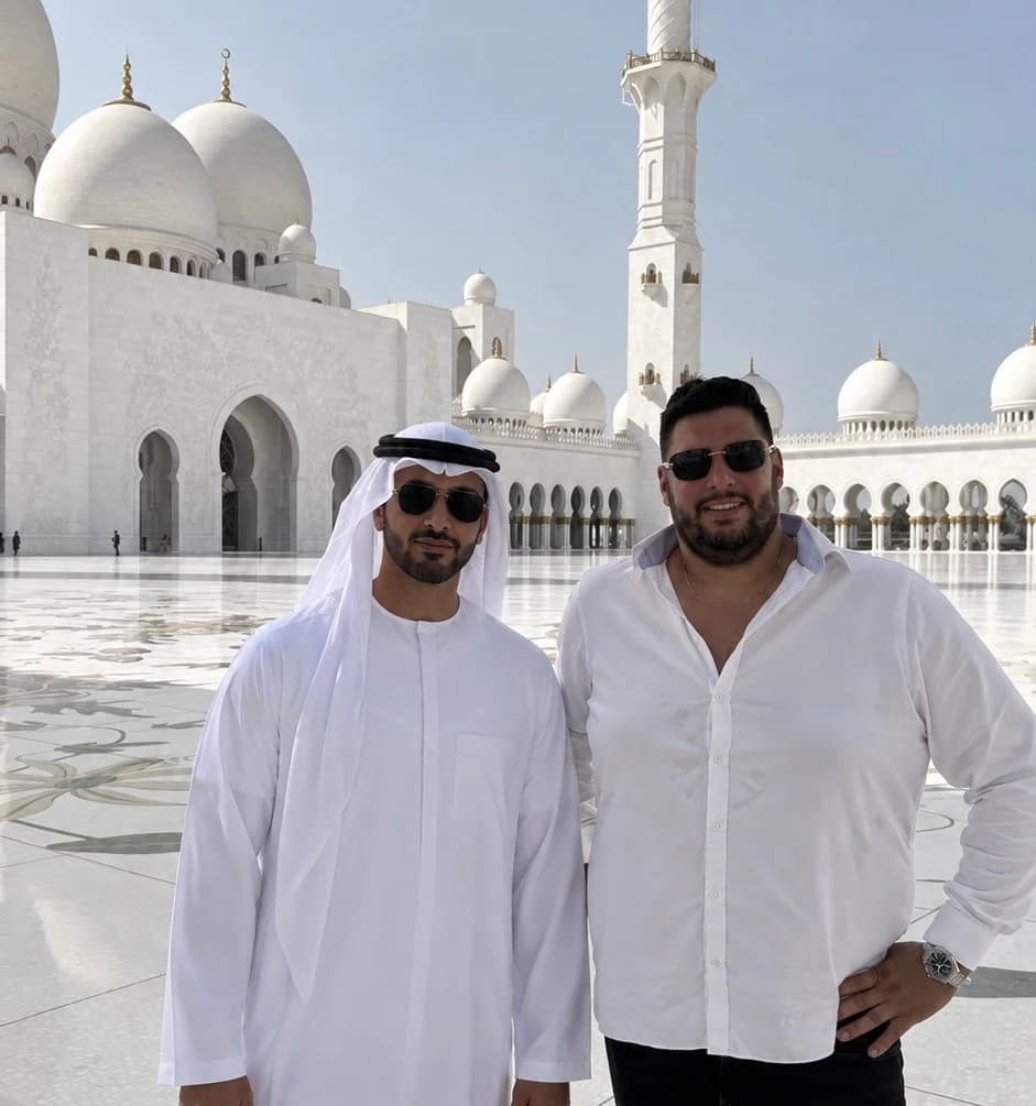 Laurent Travostino with a client at the Sheikh Zayed Grand Mosque in Abu Dhabi